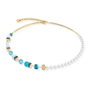 Coeur De Lion GeoCUBE® Precious Fusion Pearls Turquoise Gold Tone Necklace 0.6cm, 42cm + 6cm