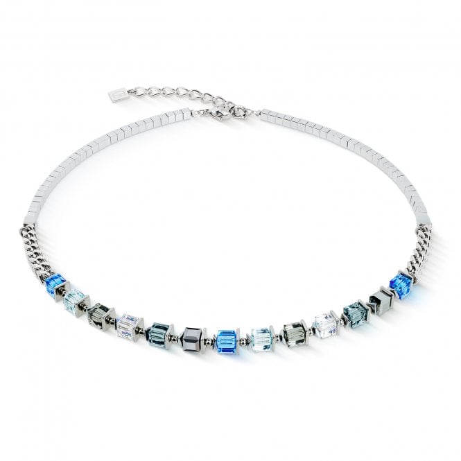 Coeur De Lion  Sparkling Cubes Fusion Chain Silver-Blue Necklace 0.6cm, 42cm + 6cm