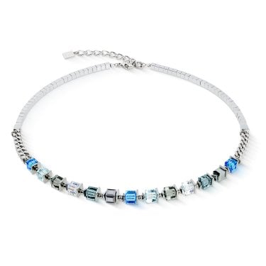 Coeur De Lion Sparkling Cubes Fusion Chain Silver-Blue Necklace 0.6cm, 42cm + 6cm