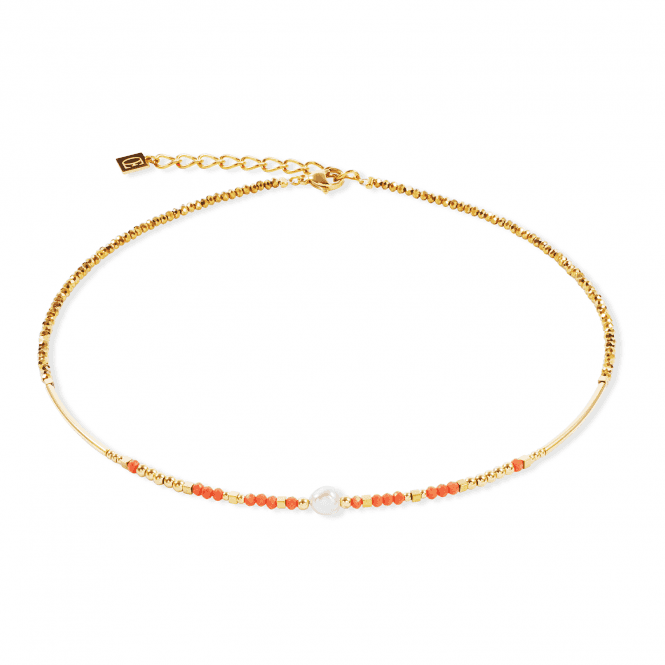 Coeur De Lion  Sunset Pearl Coral Gold Tone Necklace 0.2cm, 42cm + 6cm 