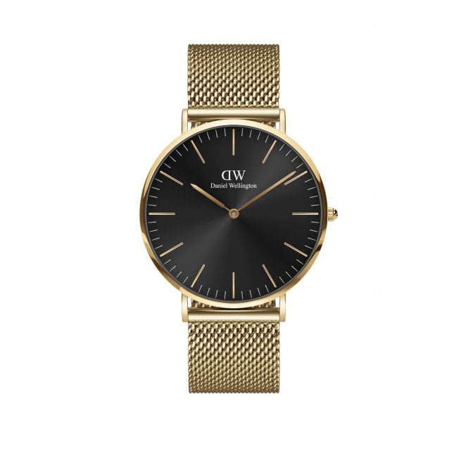 Daniel Wellington  Gents Classic Evergold 40mm Black Dial Gold Tone Stainless Steel Mesh Strap Watch