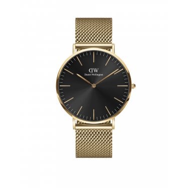 Daniel Wellington Gents Classic Evergold 40mm Black Dial Gold Tone Stainless Steel Mesh Strap Watch