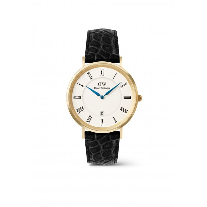 Daniel Wellington  Gents Classic Roman Numerals White Dial Black Croc Leather Strap Watch