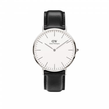 Daniel Wellington Gents Classic Sheffield Silver 40mm White Dial Black Leather Strap Watch