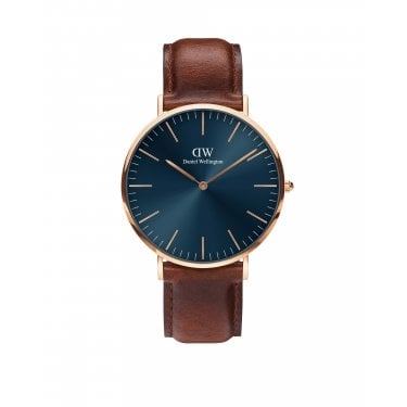 Daniel Wellington Gents Classic St Mawes Rose Gold 40mm Blue Dial Brown Leather Strap Watch 