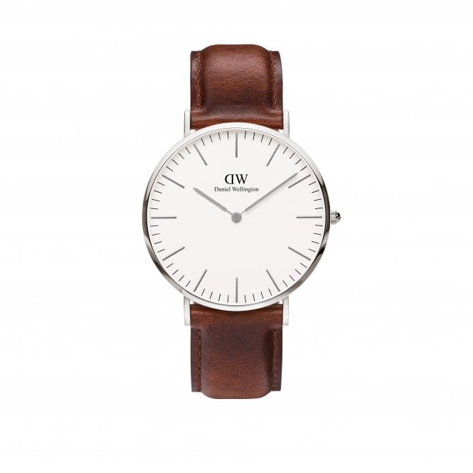 Daniel Wellington  Gents Classic St Mawes Silver 40mm White Dial Brown Leather Strap Watch 