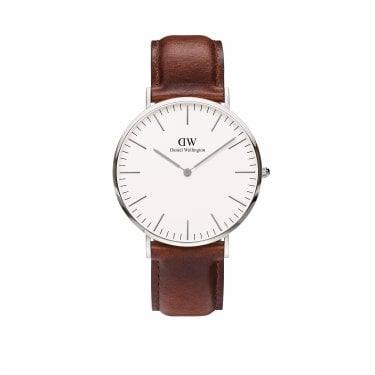 Daniel Wellington Gents Classic St Mawes Silver 40mm White Dial Brown Leather Strap Watch 