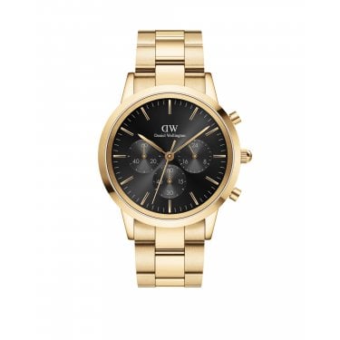 Daniel Wellington Gents Iconic Chronograph 42mm Black Dial Gold Tone Stainless Steel Watch