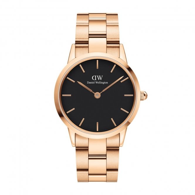 Daniel Wellington  Ladies Iconic Link 36mm Black Dial Rose Gold Tone Stainless Steel Watch 