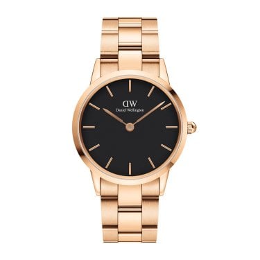 Daniel Wellington Ladies Iconic Link 36mm Black Dial Rose Gold Tone Stainless Steel Watch 