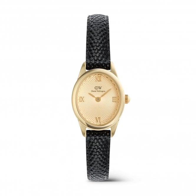 Daniel Wellington  Ladies Ophelia Mini Gold Guilloché Dial Black Lizard Leather Strap Watch