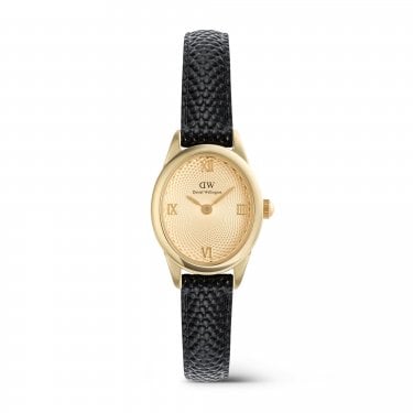 Daniel Wellington Ladies Ophelia Mini Gold Guilloché Dial Black Lizard Leather Strap Watch