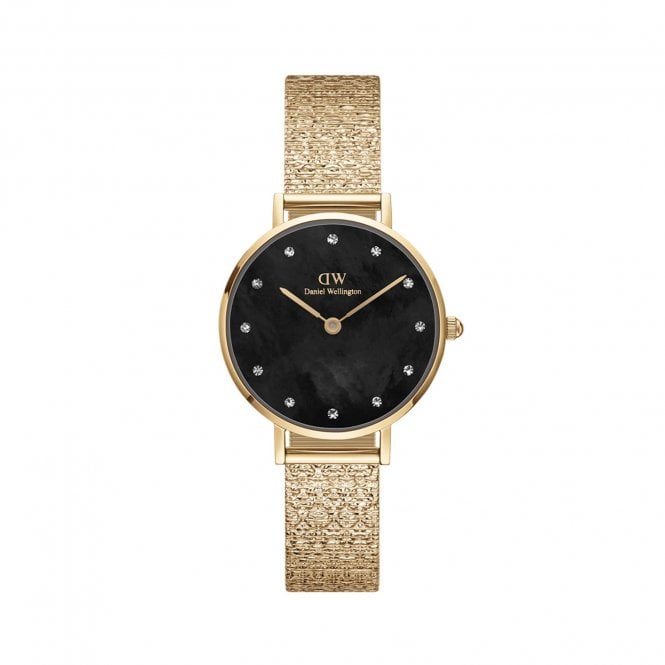 Daniel Wellington  Ladies Petite Lumine Pressed Piano 28mm Gold Tone Stainless Steel Mesh Strap Watch 