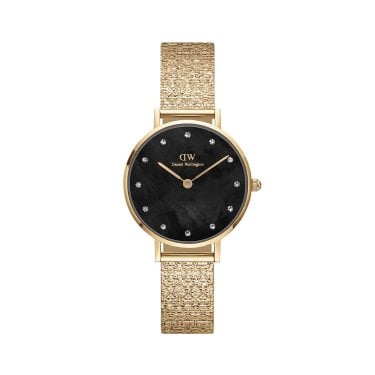 Daniel Wellington Ladies Petite Lumine Pressed Piano 28mm Gold Tone Stainless Steel Mesh Strap Watch 