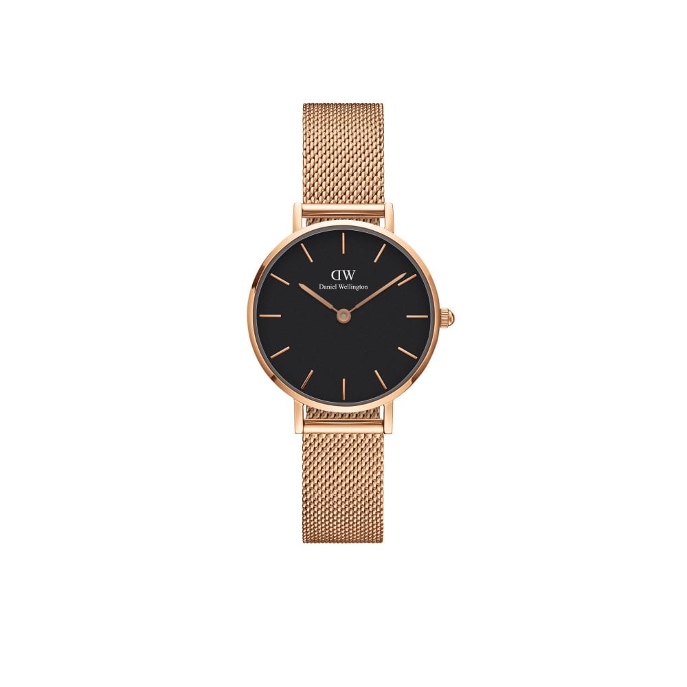 Daniel Wellington Women's Black/Gold Petite Melrose Dial 28Mm Rose Tone Stainless Steel Mesh Strap Watch Size 2
