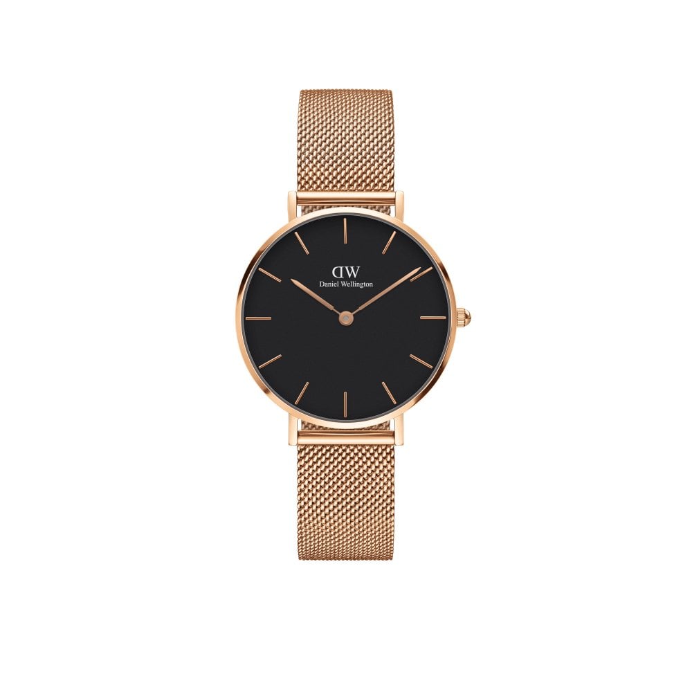Daniel Wellington Women's Black/Gold Petite Melrose Dial 32Mm Rose Tone Stainless Steel Mesh Strap Watch Size 2