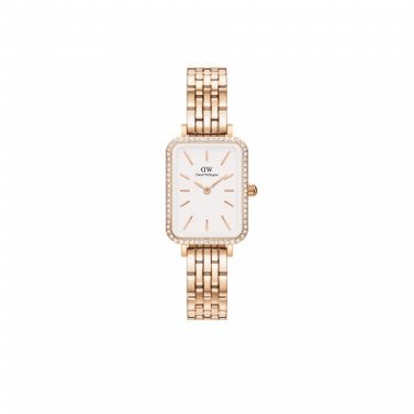 Daniel Wellington Ladies Quadro Lumine Bezel White Dial Rose Gold Tone Stainless Steel Watch