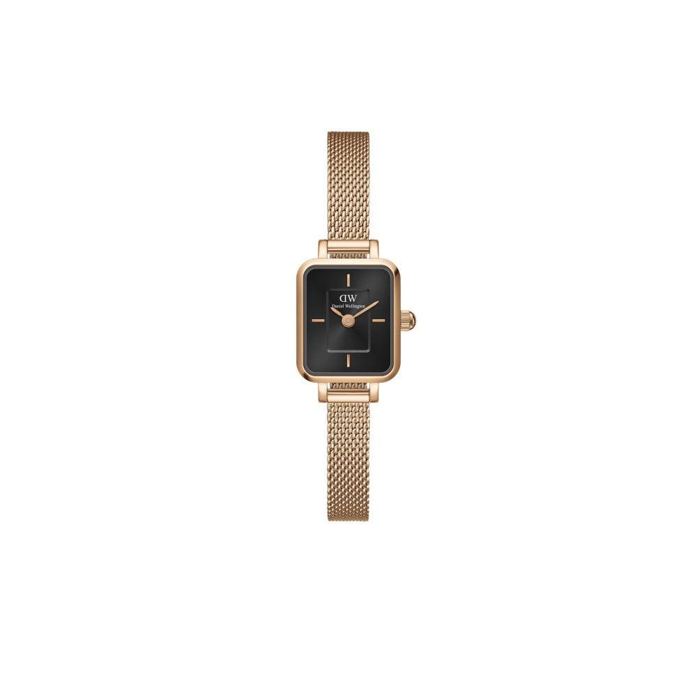 Daniel Wellington Women's Onyx/Gold Quadro Mini Melrose Rose Tone Stainless Steel Mesh Strap Watch Medium