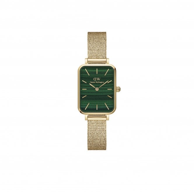 Daniel Wellington  Ladies Quadro Pressed Evergold Emerald Dial Gold Tone Stainless Steel Mesh Strap Watch