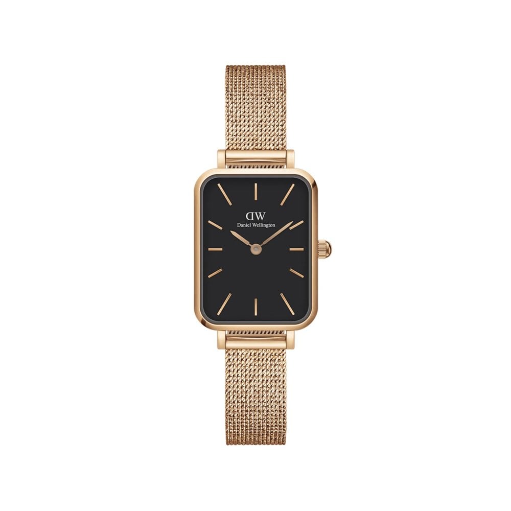Daniel Wellington Women's Black/Gold Quadro Pressed Melrose Dial Rose Tone Stainless Steel Mesh Strap Watch Medium