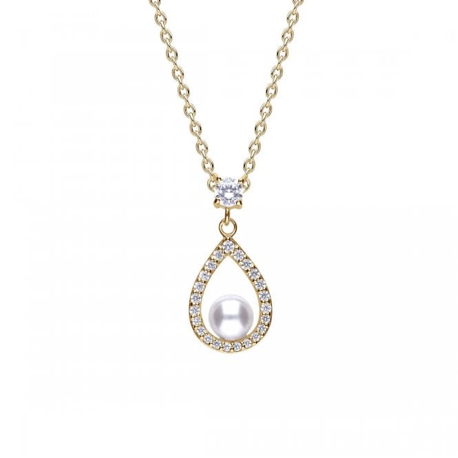 Diamonfire  CZ & Pearl Open Halo Teardrop Gold Tone Necklace 2.4 x 1.2cm, 42-48cm
