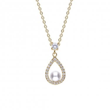 Diamonfire CZ & Pearl Open Halo Teardrop Gold Tone Necklace 2.4 x 1.2cm, 42-48cm