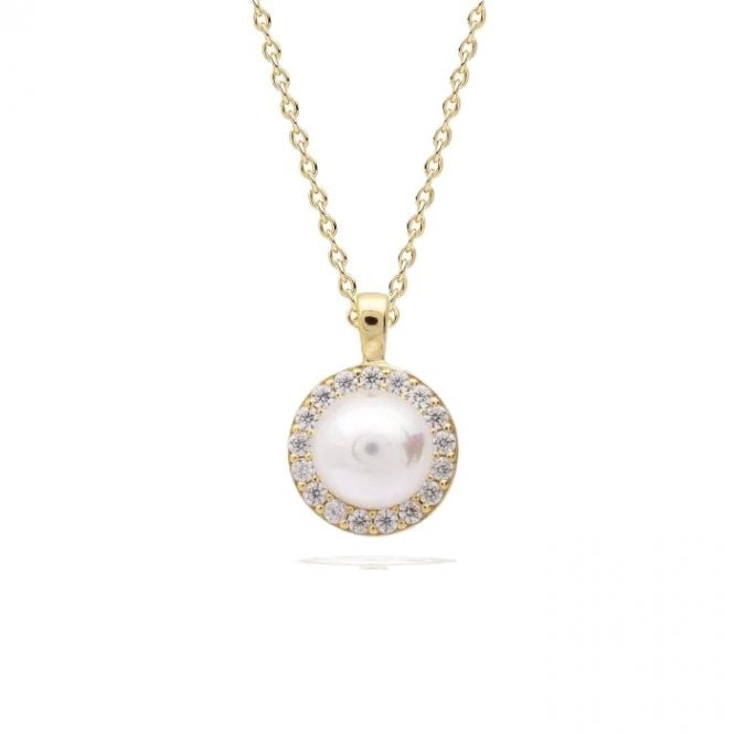 Diamonfire  Pearl & CZ Halo Gold Tone Necklace 1.5 x 1cm, 42-48cm