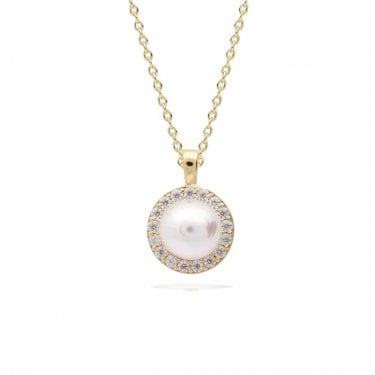 Diamonfire Pearl & CZ Halo Gold Tone Necklace 1.5 x 1cm, 42-48cm