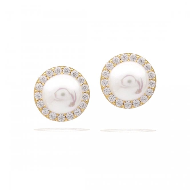 Diamonfire  Pearl & CZ Halo Gold Tone Stud Earrings 1.1 x 1.1cm