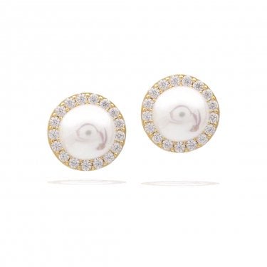Diamonfire Pearl & CZ Halo Gold Tone Stud Earrings 1.1 x 1.1cm