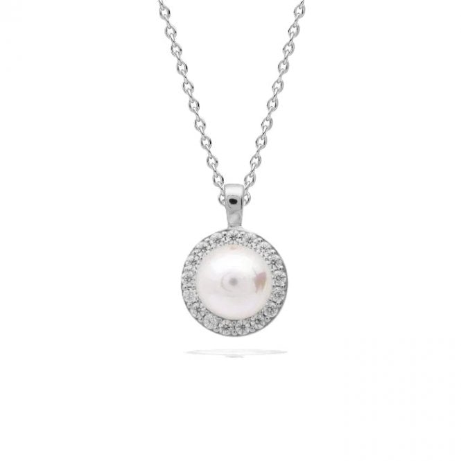 Diamonfire  Pearl & CZ Halo Necklace 1.5 x 1cm, 42-48cm