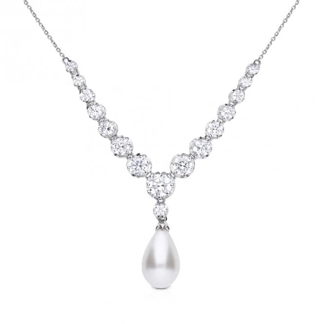 Diamonfire  Statement CZ Lined & Pearl Drop Necklace 3.1 x 0.7cm, 40-45cm