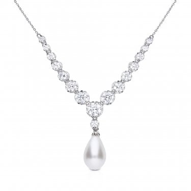 Diamonfire Statement CZ Lined & Pearl Drop Necklace 3.1 x 0.7cm, 40-45cm