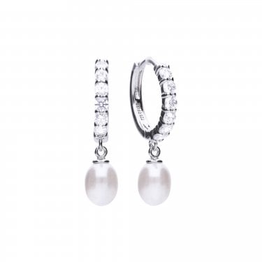 Diamonfire Sterling Silver CZ & Pearl Hoop Earrings