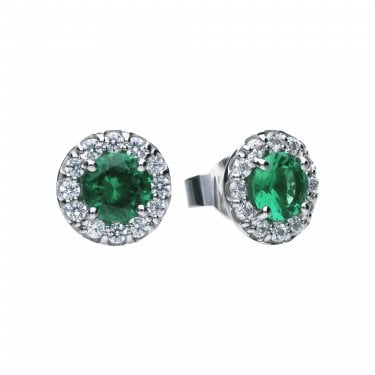 Diamonfire Sterling Silver Emerald CZ Round Solitaire Halo Earrings
