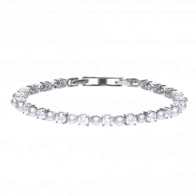 Diamonfire  Sterling Silver Pearl & CZ 3.55ct Tennis Bracelet 17cm-19cm