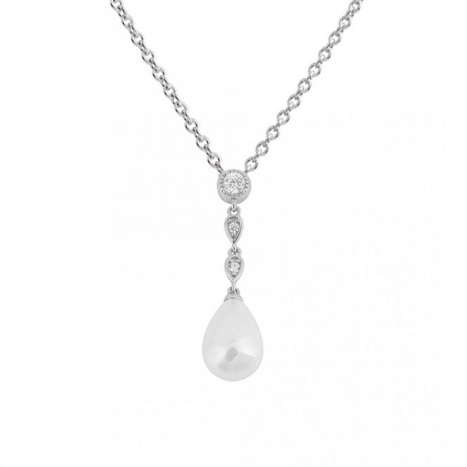 Diamonfire  Sterling Silver Shell Pearl & CZ 0.13ct Drop Necklace 43cm-45cm