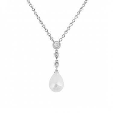Diamonfire Sterling Silver Shell Pearl & CZ 0.13ct Drop Necklace 43cm-45cm