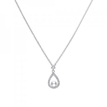 Diamonfire Sterling Silver Teardrop Pave Set 0.55ct CZ with Round Pearl Necklace