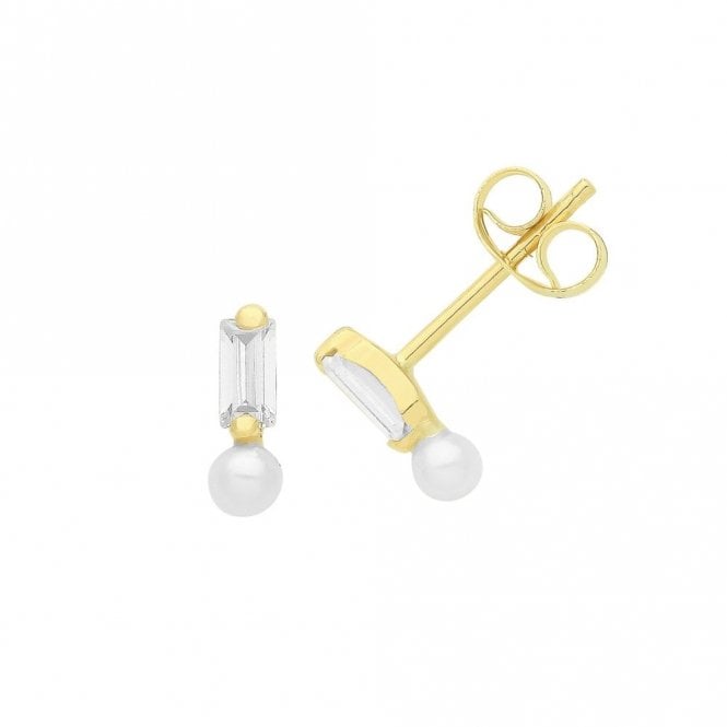 Faith 9ct Gold 9ct Yellow Gold Baguette CZ & Pearl Stud Earrings 0.38g, 0.25x0.8cm
