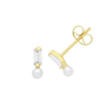 9ct Yellow Gold Baguette CZ & Pearl Stud Earrings 0.38g, 0.25x0.8cm