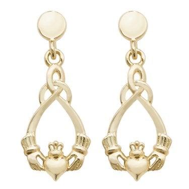 9ct Yellow Gold Claddagh Drop Earrings 0.81g, 0.8 x 1.8cm