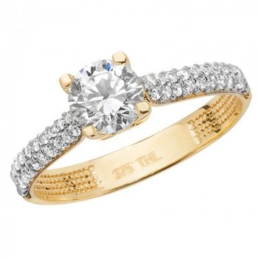 9ct Yellow Gold Claw Set Solitaire with Double Row CZ Shoulders Ring