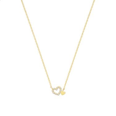 9ct Yellow Gold CZ Double Heart Necklace 1.09g, 9x6mm, 15.5-17.5"