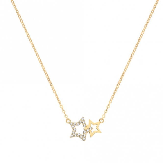 Faith 9ct Gold 9ct Yellow Gold CZ Double Star Necklace 0.91g, 10x9mm, 15.5-17.5