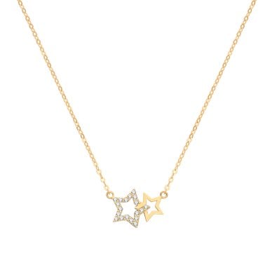 9ct Yellow Gold CZ Double Star Necklace 0.91g, 10x9mm, 15.5-17.5"