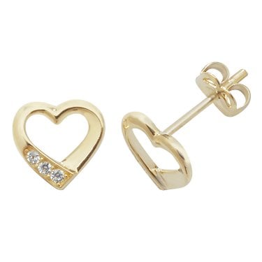 9ct Yellow Gold CZ Open Heart Stud Earrings 0.56g, 0.7cm