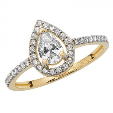 9ct Yellow Gold CZ Pear Halo CZ Shoulders Ring