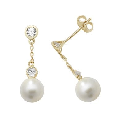 9ct Yellow Gold CZ Pearl Drop Earrings 0.6 x 1.8cm, 1.37g