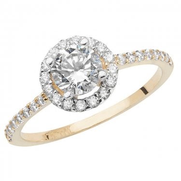 9ct Yellow Gold CZ Round Halo & CZ Shoulders Ring